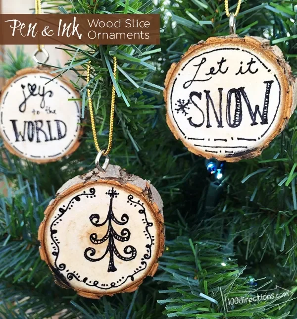 Pen and Ink Wood Slice Ornaments